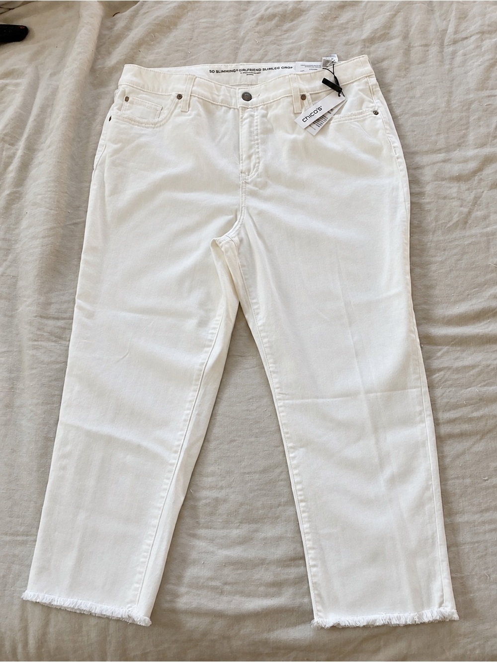 Chico's Off-White Cropped Slim Straight Jeans with frayed detail